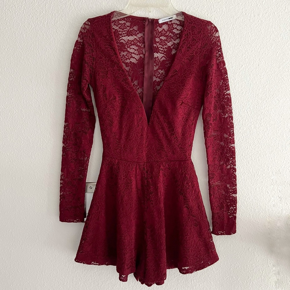 Fashion Nova Burgundy Lace Sleeve Deep V Neck Romper Size XS Party Cocktail